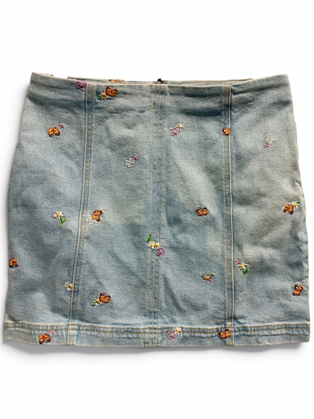 Y2K Butterfly Floral Embroidered Light Wash Denim Mini Skirt
